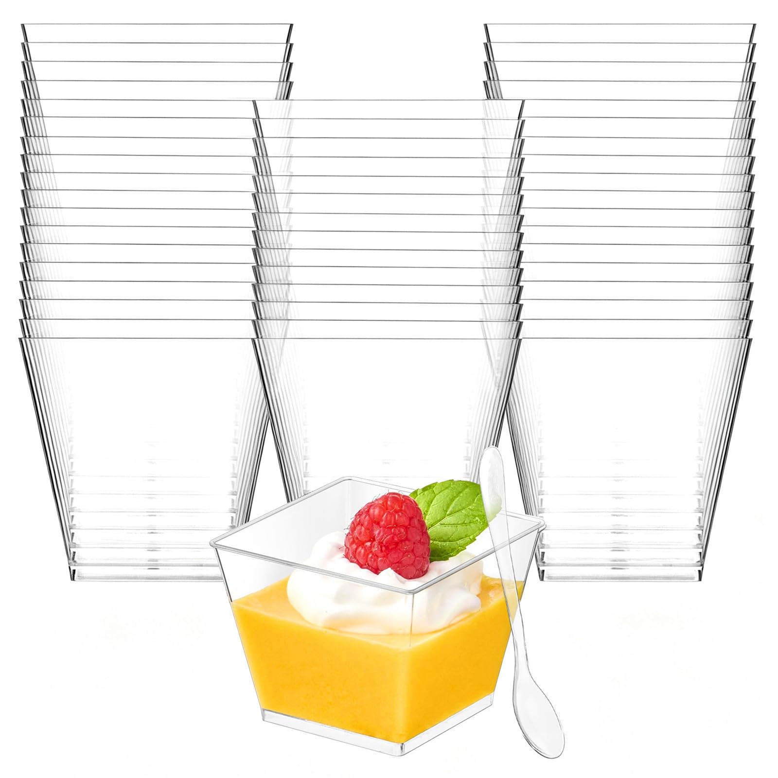 Zezzxu 4 oz Square Mini Dessert Cups with Spoons - 50 Pack Plastic Pudding Cups Party Parfait Dessert Shooters for Serving Trifle Jello Mousse Cake