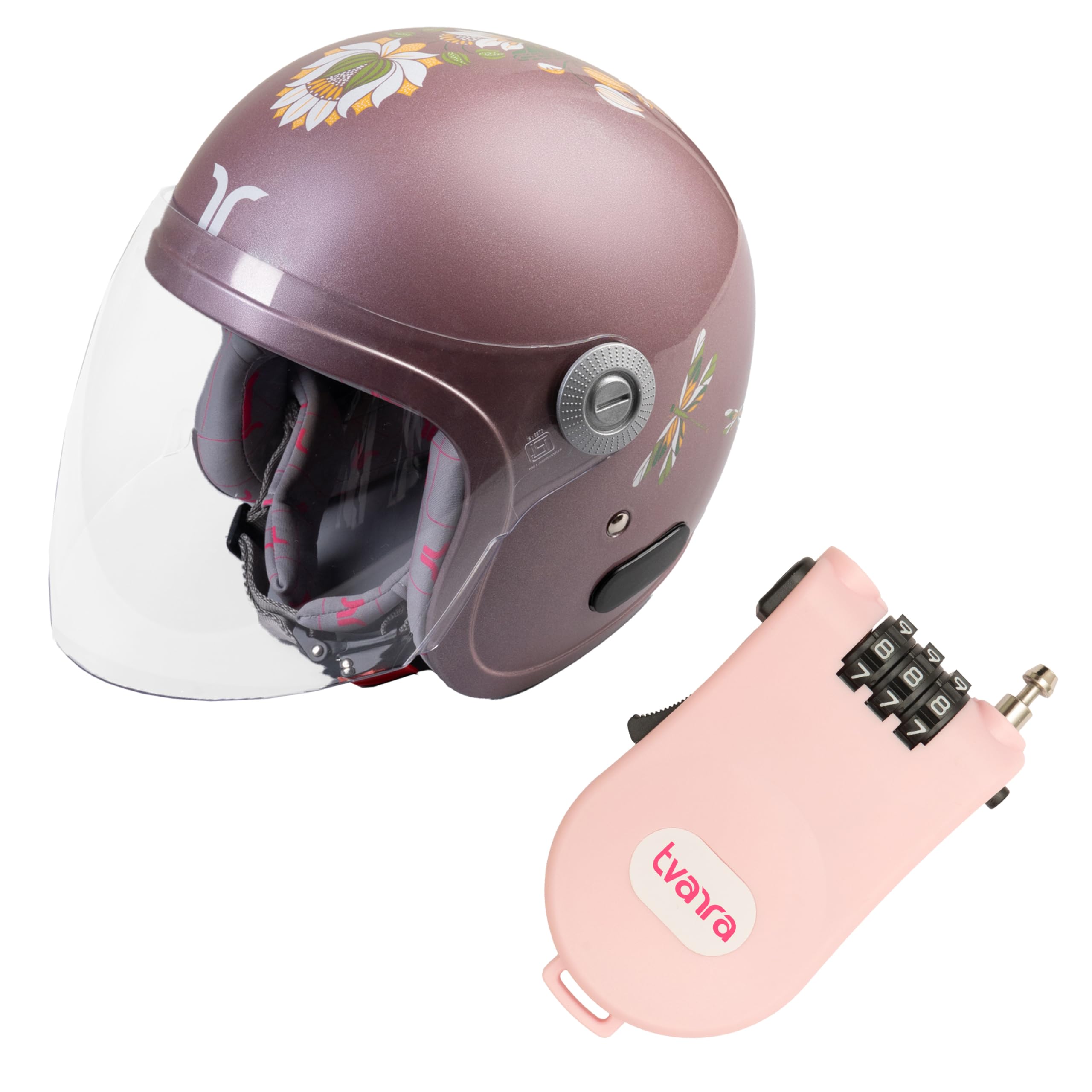 Lotus Rose Gold Women’s ISI Certified Open Face Helmet with Baby Pink Lock Combo, Lightweight, Clear Visor, Comfortable Fit (Small)-picture-16