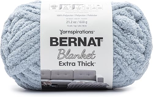 Bernat Manta de estambre extra grueso, color azul niebla, 1 paquete de 21.12 onzas  21.12 oz  100% poliéster  # 7 Jumbo  72 yardas para tejer,