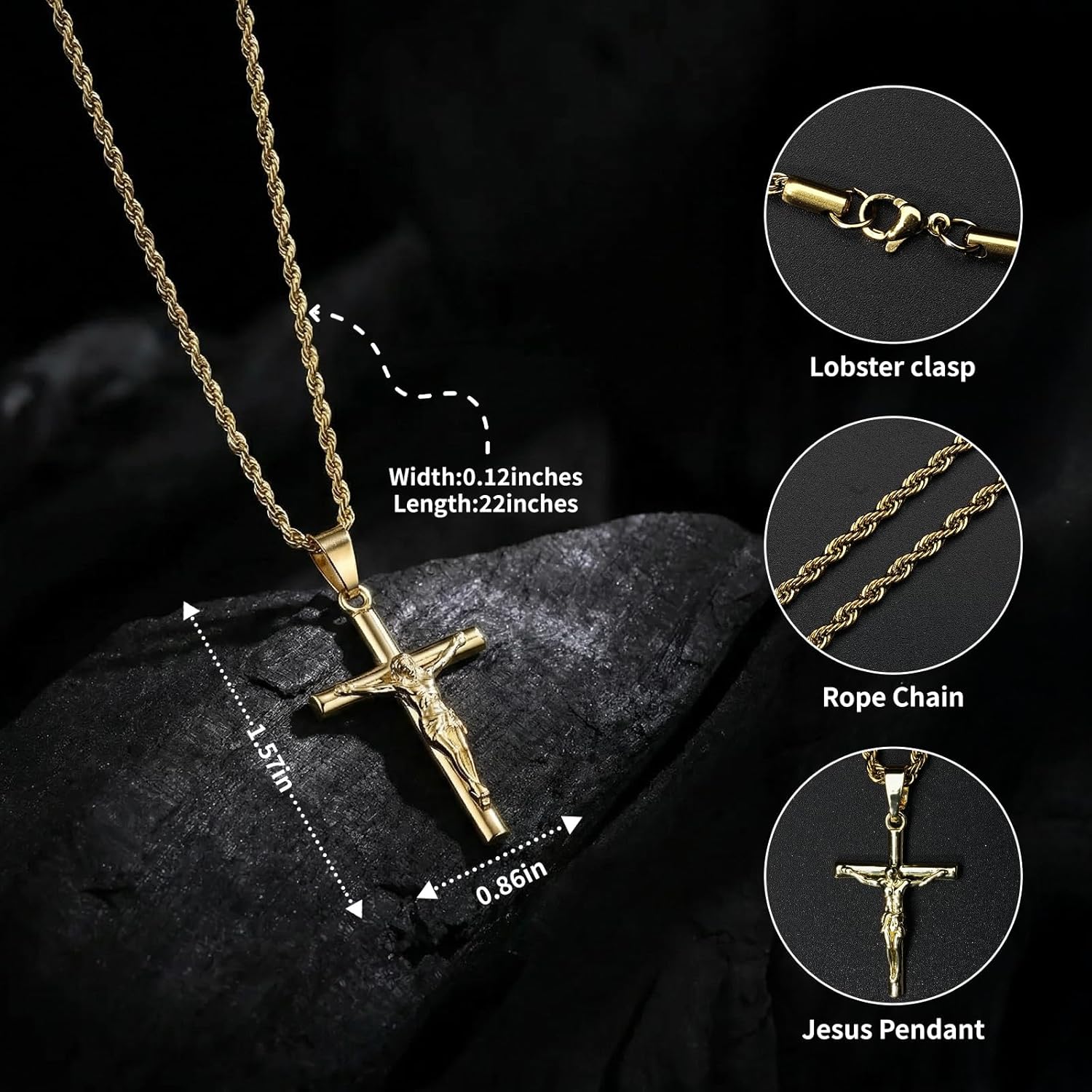 Layered Cross Necklace for Men & Women Jesus Crucifix Pendant, Stackable Religious Jewelry Christian Gift for Him Her, 22" Cuban Chain Jesus Cross Necklaces