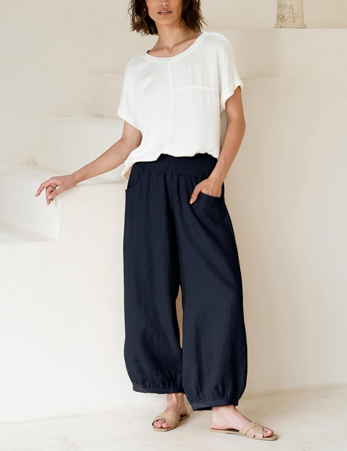 Xiaoxuemeng Womens Wide Leg Pants Cotton Linen Barrel Pants Elastic Waisted Lounge Trousers with Pockets - Image 7
