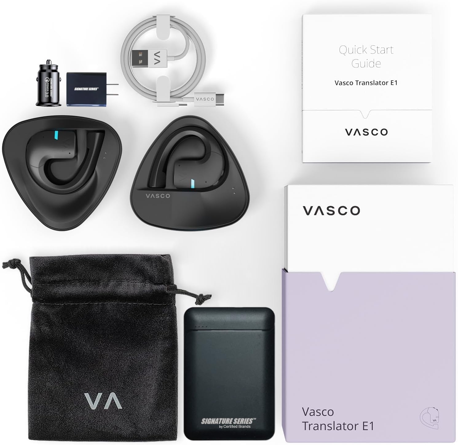 Contents of the Vasco Translator E1 package including earbuds, case, cables, and manual