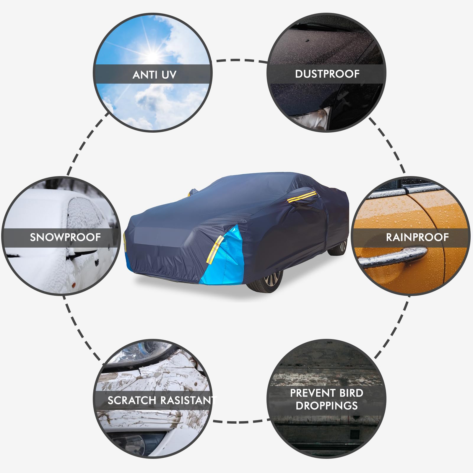 Car Cover Waterproof All Weather 6 Layers Outdoor Full Exterior Cover Rain Sun UV Snowproof Protection with Zipper — view 5