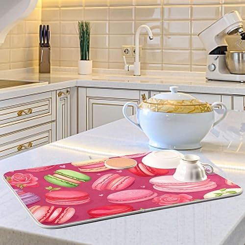 Miniatura 6 de Tapete para secar platos, bonitos macarrones y flores, color rosa, reversible, de microfibra, escurridor de platos, para encimera de cocina,