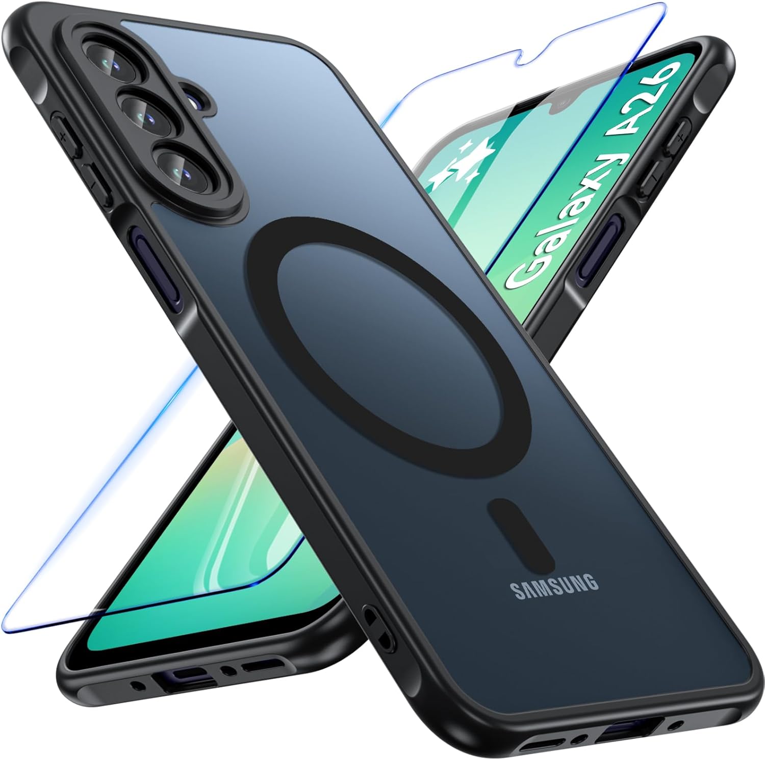 OWKEY for Samsung A26 Case, Samsung A26 5G Magnetic Case with Screen Protector, Slim Translucent Matte Cover Phone Case for Samsung Galaxy A26 (Black)