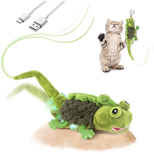 Migipaws Cat Toys, Touch Activated Flapping Chirping Lizard Kitten Toy with Catnip for Indoor Cats Kicker, Rechargeable (Green)
