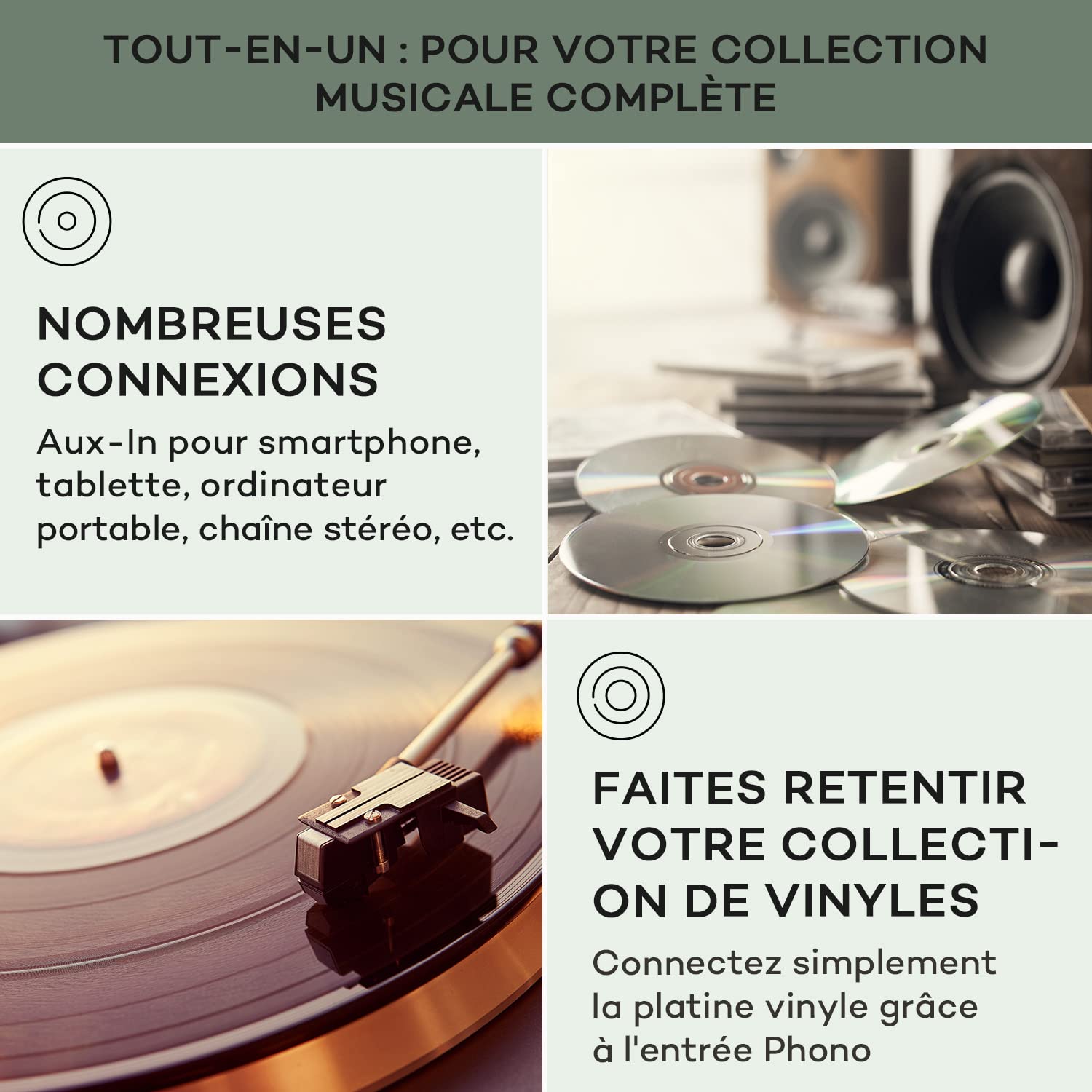 auna AV2-CD708 Amplificateur HiFi Sono stéréo (puissance de 600W max., égalisateur 3 bandes, 5 entrées RCA et une sortie RCA audio, télécommande, inox brossé) - argent