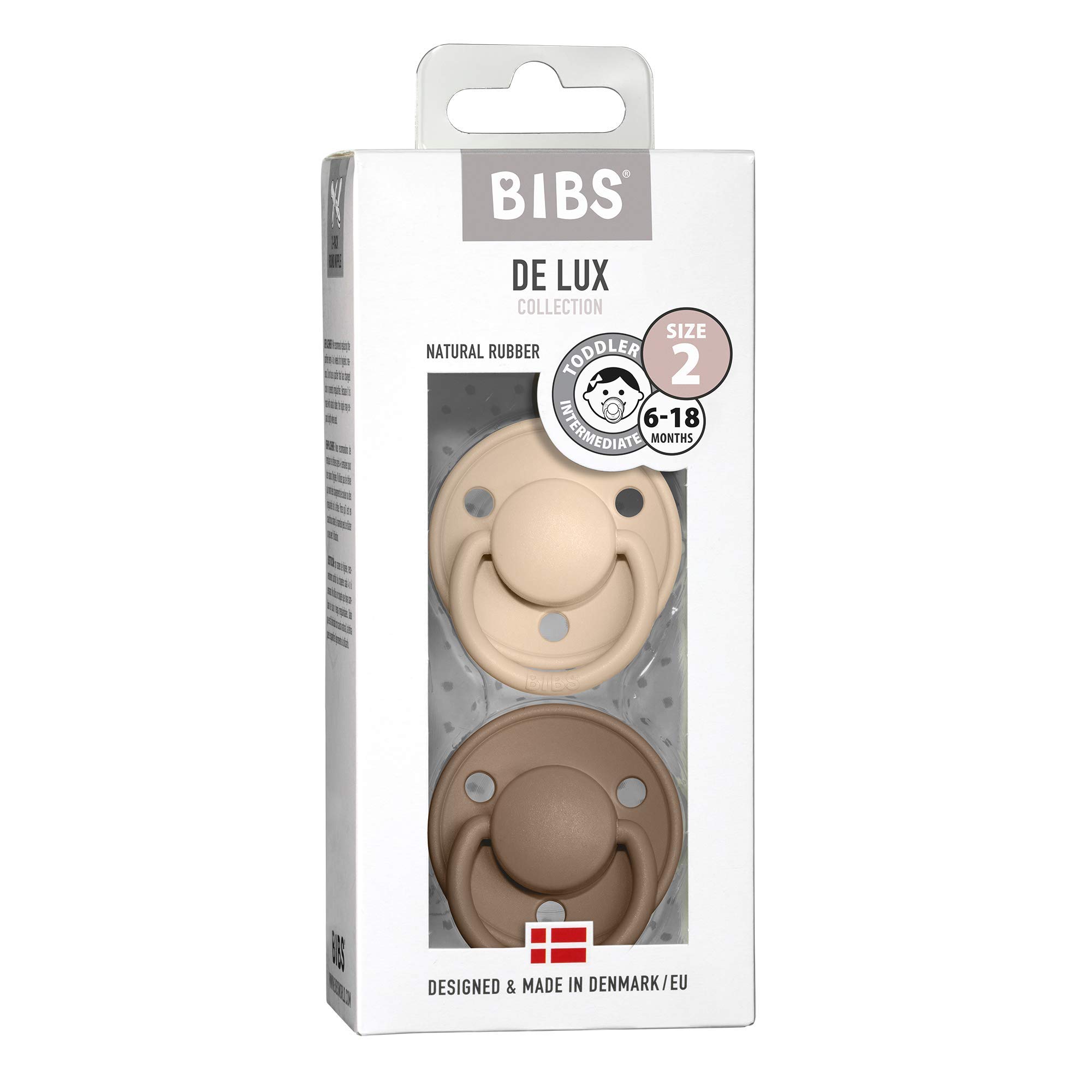 BIBS De Lux Dummies 2-Pack, BPA Free Dummy Pacifier, Round Nipple. Natural Rubber Latex, Size 2 (6-18 Months), Vanilla/Dark Oak — view 3