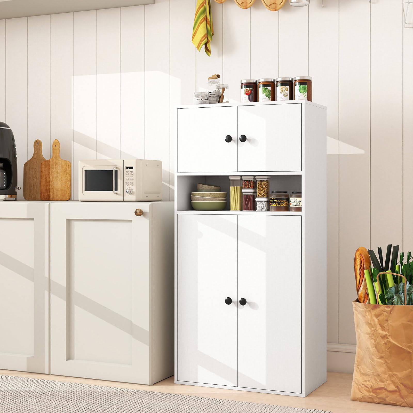 KOMFOTTEU Libreria Verticale a 3 Ripiani, Libreria Chiusa con Ante e Ripiano Aperto, Mobile Soggiorno con Ripiano Regolabile a 5 Livelli, per Studio, Camera da Letto, Bagno, 54 x 30 x 111 cm (Bianco)