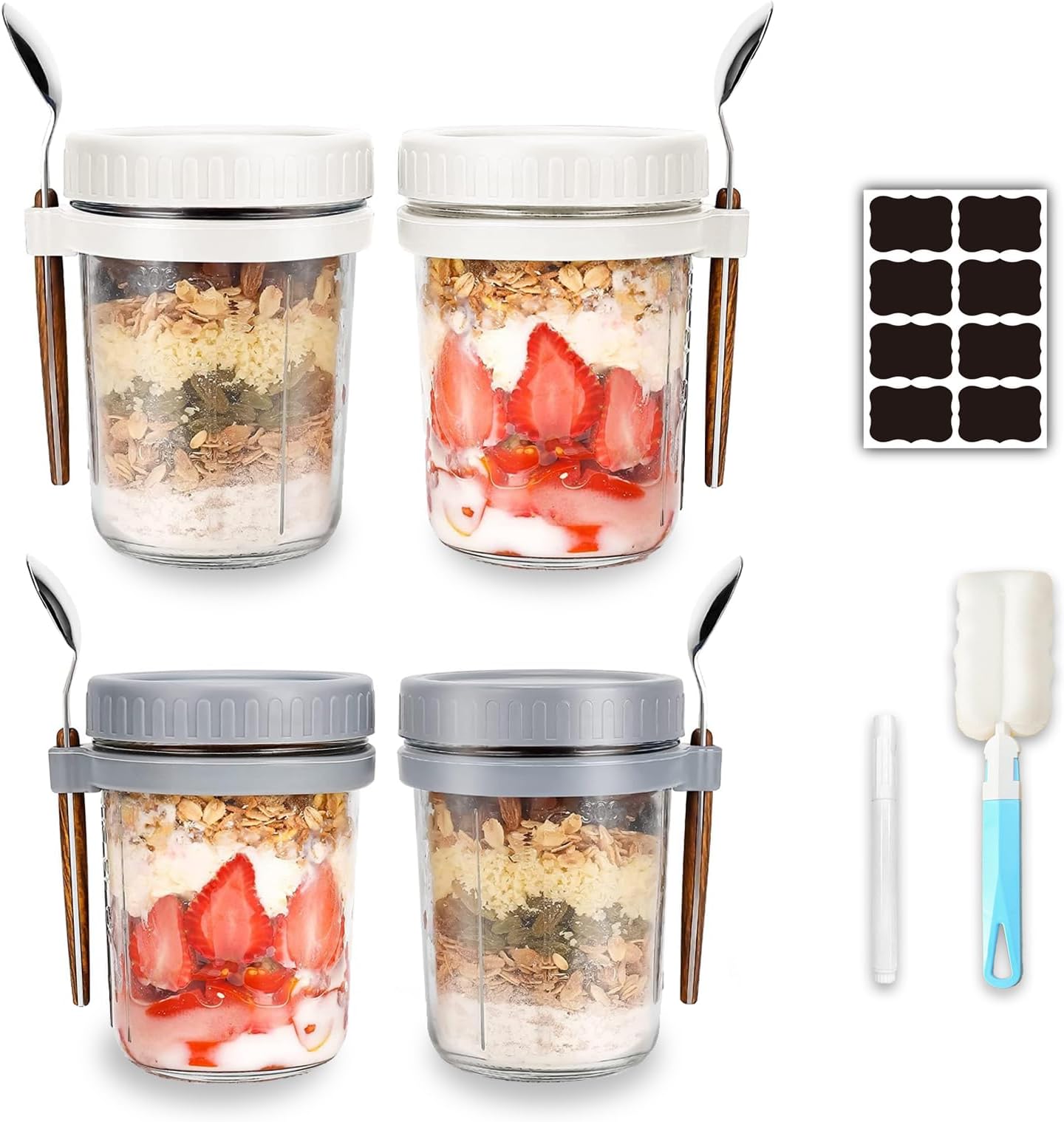 4 Pack Overnight Oats Containers with Lids and Spoons, 350ml Glasses, Airtight Oatmeal Container with Measurement Marks, Storage Container for Milk, Cereal, Fruit