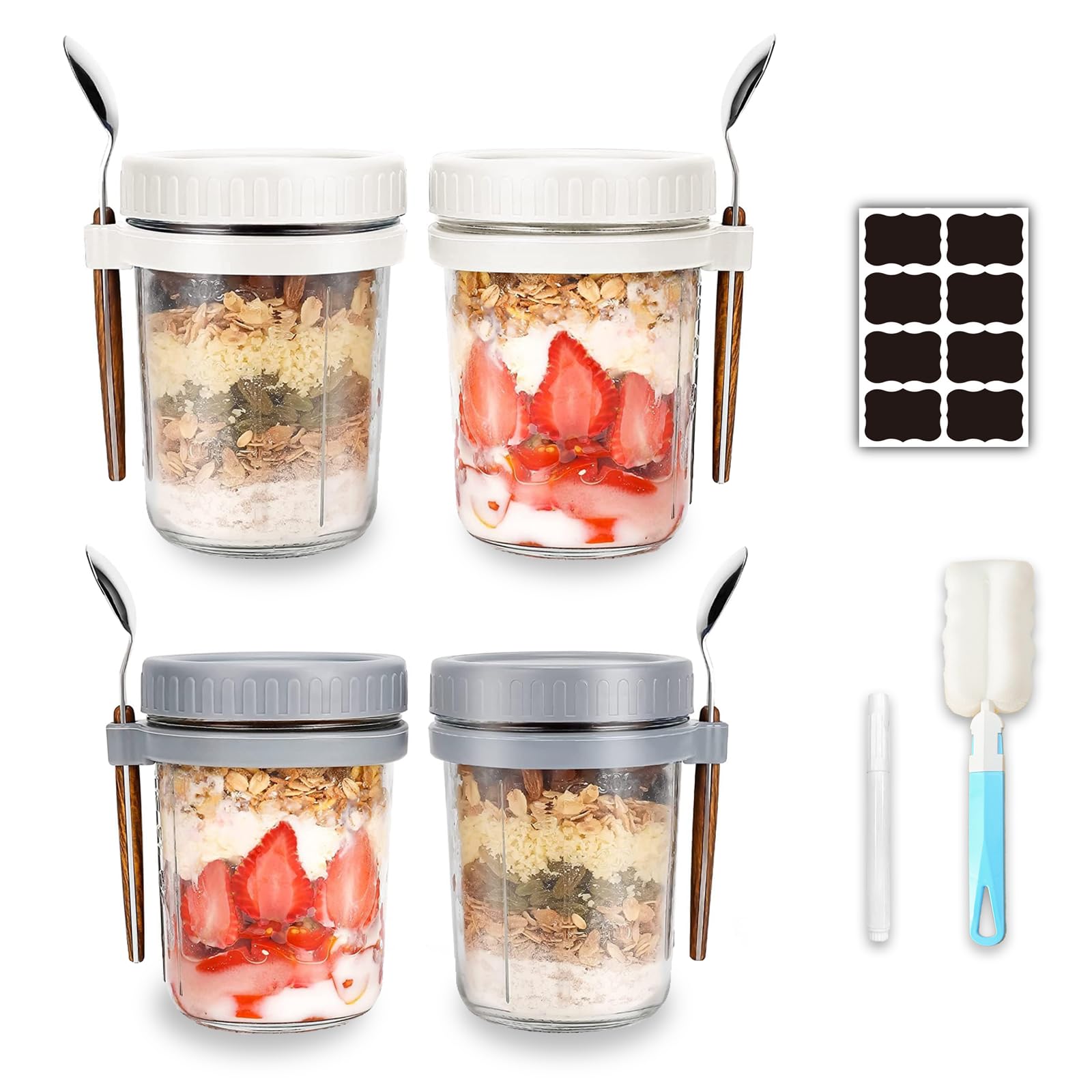 4 Pack Overnight Oats Containers with Lids and Spoons, 350ml Glasses, Airtight Oatmeal Container with Measurement Marks, Storage Container for Milk, Cereal, Fruit