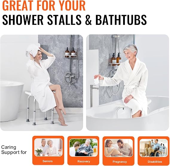 VEVOR Shower Stool, Height-Adjustable Bath Chair with Integrated Grips, Safe Seating Solution for Showers or Bathtubs, Anti-Slip Bathroom Bench for Seniors, Disabled, 350 lb Limit