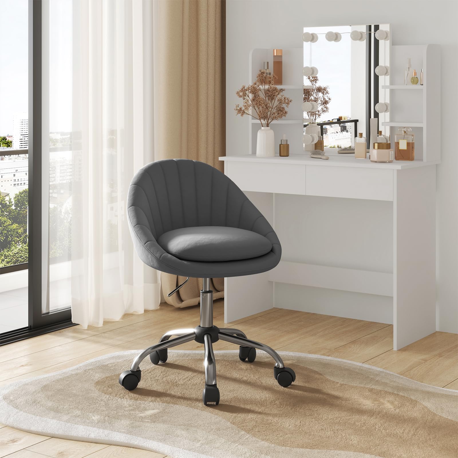WOLTU Sedia da Scrivania per Casa, Sedia Trucco, Velluto, Grigio Scuro | Regolabile in Altezza con Rotelle, Girevole Ergonomica, Ufficio, Camera da Letto, Studio