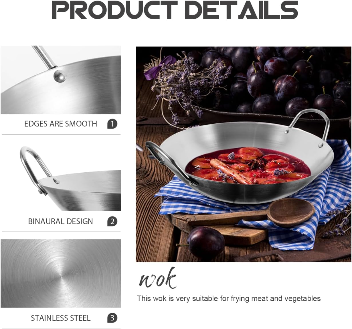 Tofficu Stainless Steel Wok 12 Inch Double Handle Round Bottom Frying Pan for Stir Fry Cooking Chinese Kitchen Use