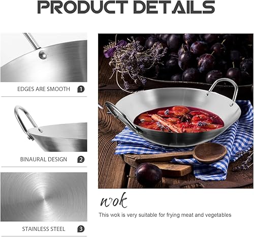 Miniatura 4 de Tofficu Wok de acero al carbono, wok de doble oreja, wok de metal binaural, antiadherente, sartén profunda para cocina, wok para freír, parrilla
