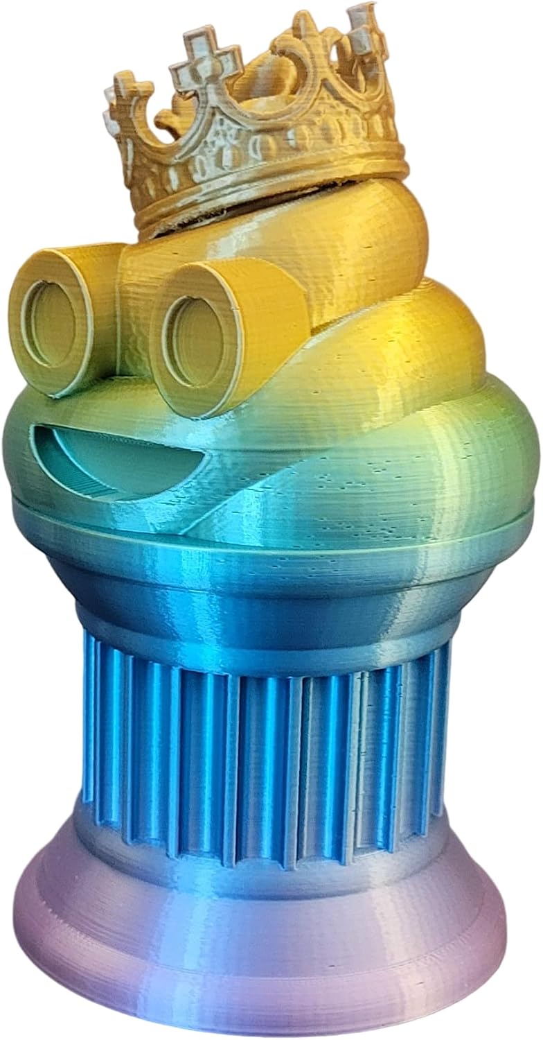 Znet3D King Poop Emoji Trophy - Fun Award & Gift - Handmade w/Additive Manufacturing - 6" inches Tall - Featuring a Solid Rainbow Poop Emoji with a Crown, Secured on a Column Pillar - Funny Trophy