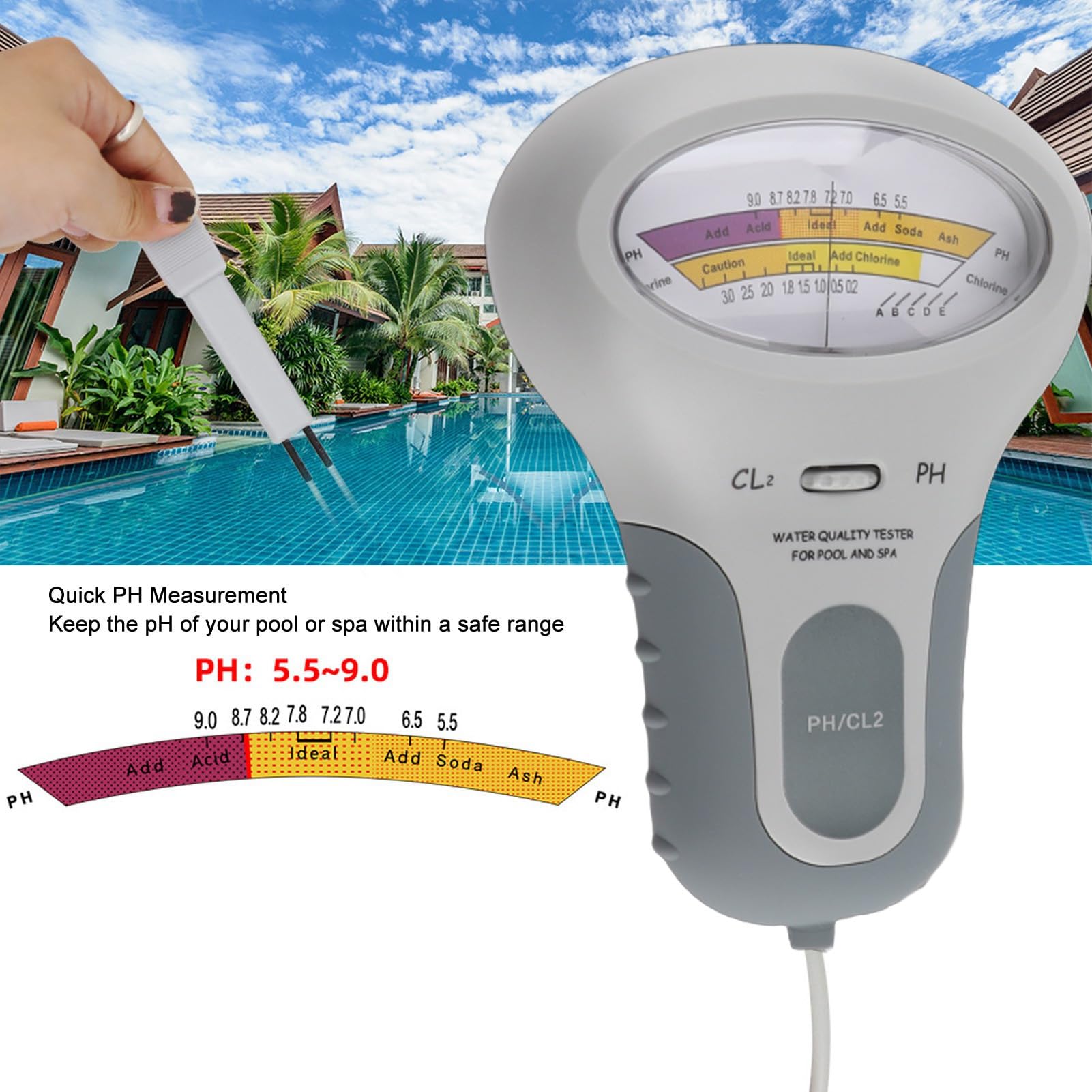 BuyWeek Testeur PH CL2, Testeur de Qualité de l'Eau PH CL2 Affichage Clair Haute Précision avec Cylindre de Mesure pour Piscine et Spa