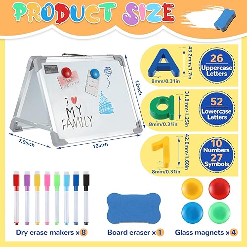 Miniatura 2 de Ctosree Pizarra blanca plegable magnética de borrado en seco de 12 x 16 pulgadas con 115 símbolos magnéticos de letras del alfabeto ABC números, 8