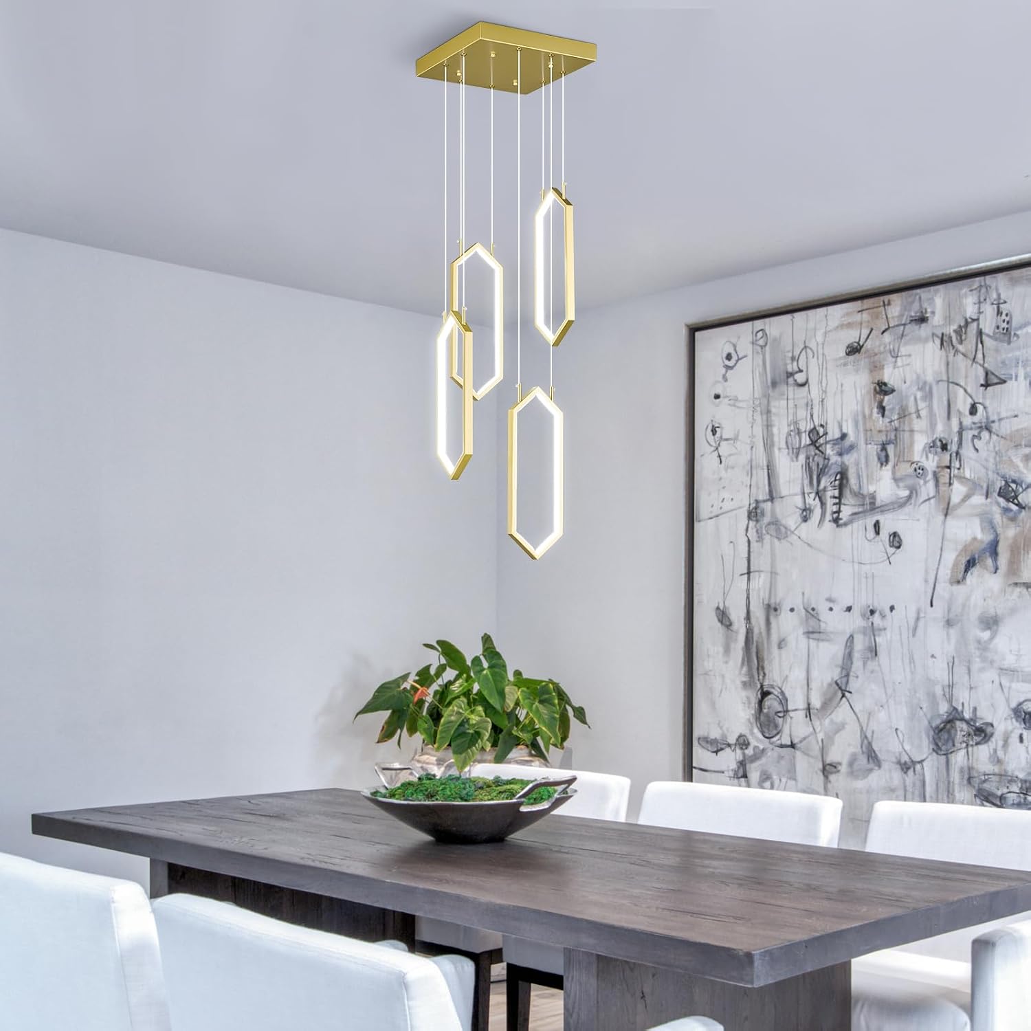 Modern Gold Chandelier 4 Rings Rectangle Pendant Light 40W LED Light for Living Room Foyer Chandelier Lighting Fixture High Ceiling Hanging for Dining Room Kitchen Island