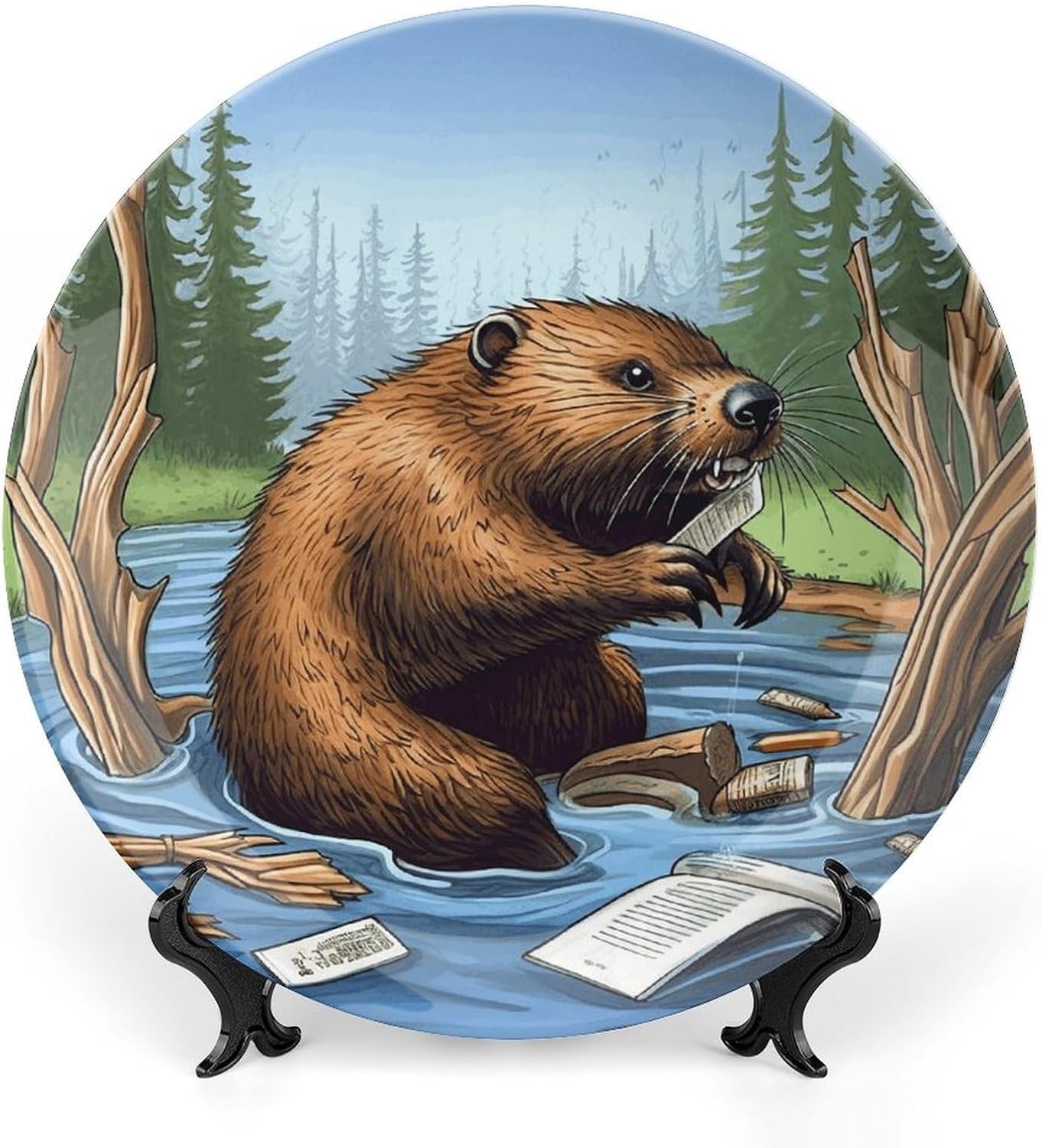 Busy Beaver Cartoon Decorative Ceramic Plate Personalized Bone China Decorative Plate Round Porcelain Plates with Display Stand Cabinet Display Plates for Home Decor 10inch