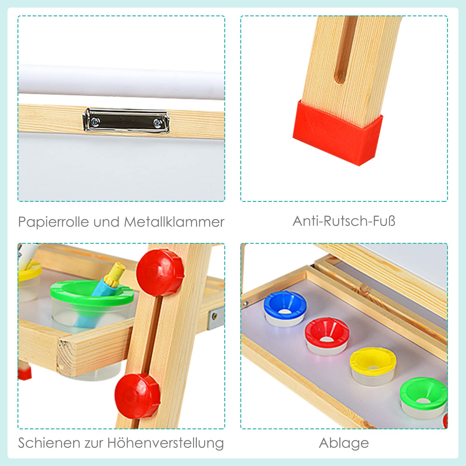DREAMADE 3 in 1 doppelseitige Kinder Staffelei aus Holz, höhenverstellbare Kinderstaffelei Kindertafel mit Papierrolle Whiteboard und Kreidetafel, inkl. Alphabet Marker Kreide Radiergummi