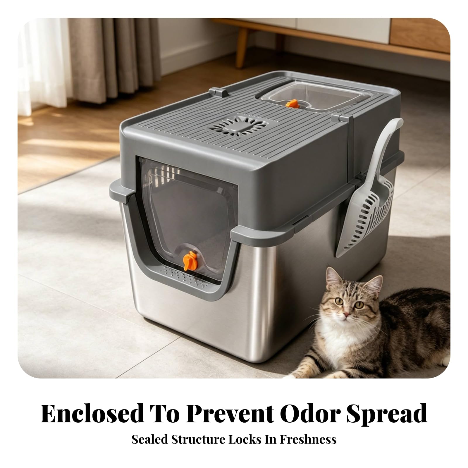 Enclosed Litter Container Lettiera Chiusa Gatto Cassettina Gatti Toilette Gatti Box Sabbia in Acciaio Inox con Ingresso Frontale E Apertura Dall Alto, Grigio Scuro, style to 3