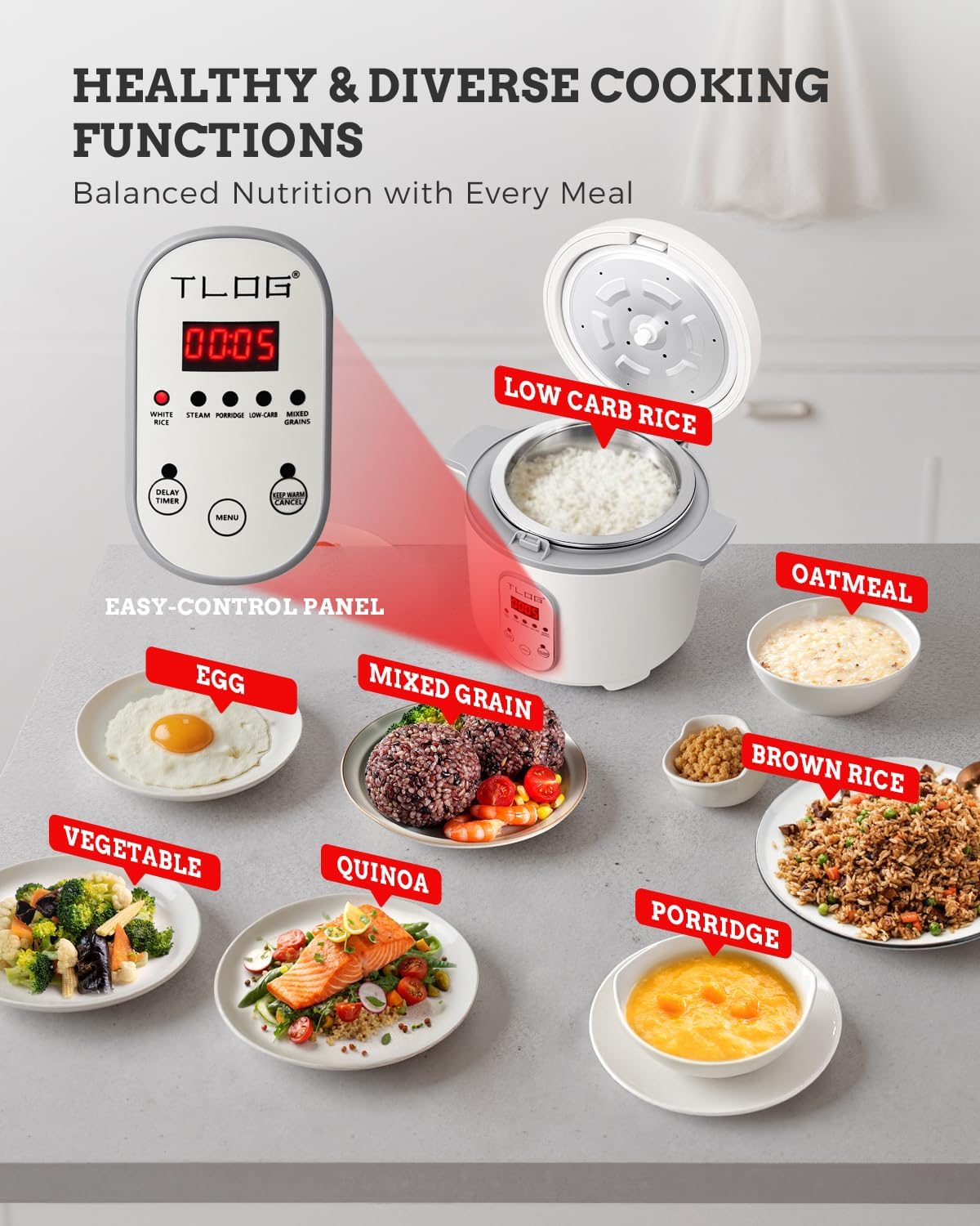 TLOG Low Carb Rice Cooker 2L(8 Cups Cooked), Low Sugar Healthy Rice Maker with 304 Stainless Steel Steamer Basket, 5 Cooking Presets, 24H Timer & Keep Warm Function