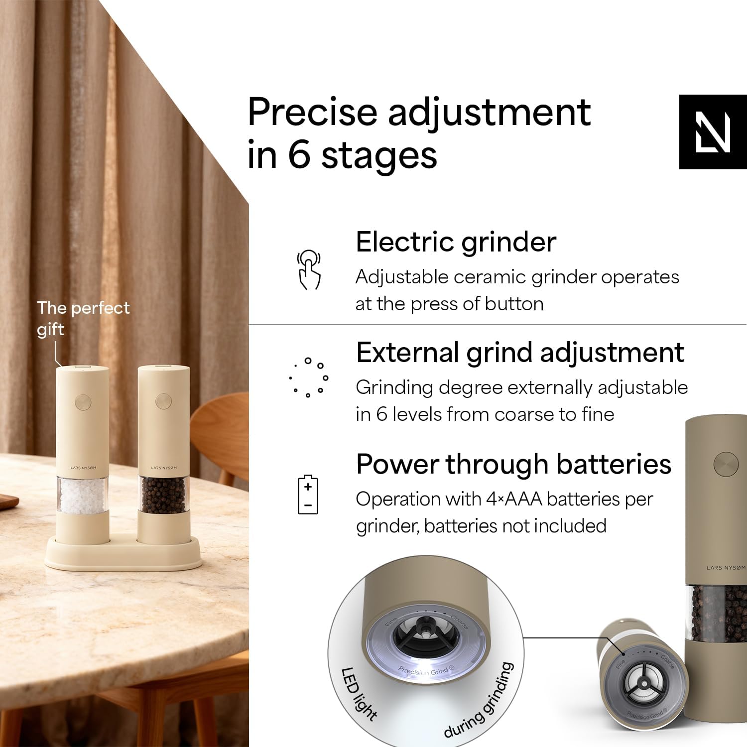 LARS NYSØM Electric Salt and Pepper Grinder Set I Automatic Salt and Pepper Mills with Adjustable Ceramic Grinder I AAA-Battery Operated Electric Spice Mill Set (Taupe Brown) - Image 2