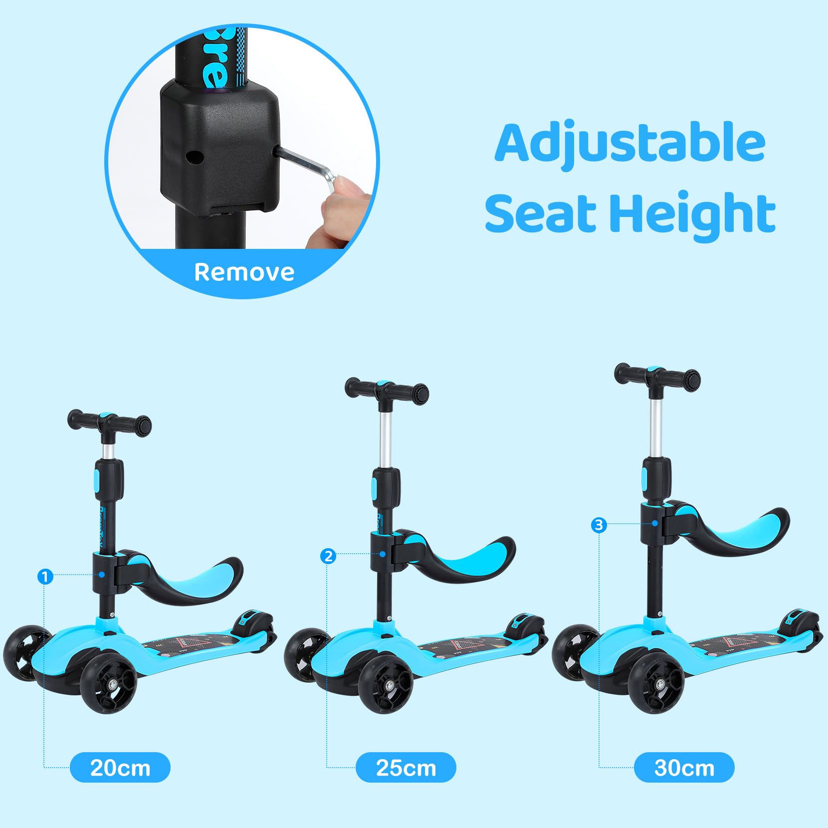 BremToy Patinete para Niños de 1 a 12 Años, Ajuste de Altura Infinito, Patinete con Asiento Extraíble, 3 Ruedas Brillantes LED, Carga Máxima 50KG, Regalos para Niños