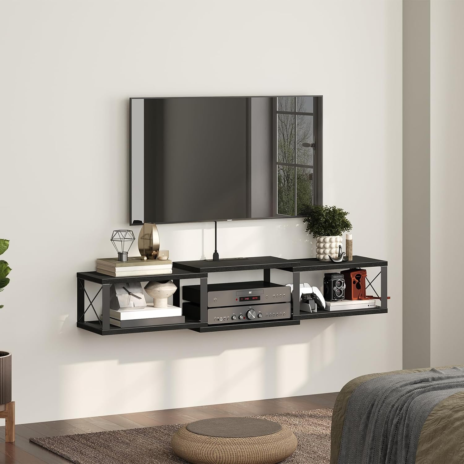 43.7” Floating TV Stand with Power Outlet, Wall-Mounted Entertainment Center, Floating Metal Frame Media Console Shelf for Under TV Storage, for Living Room, Bedroom, Black TVHB101E01 - Image 8