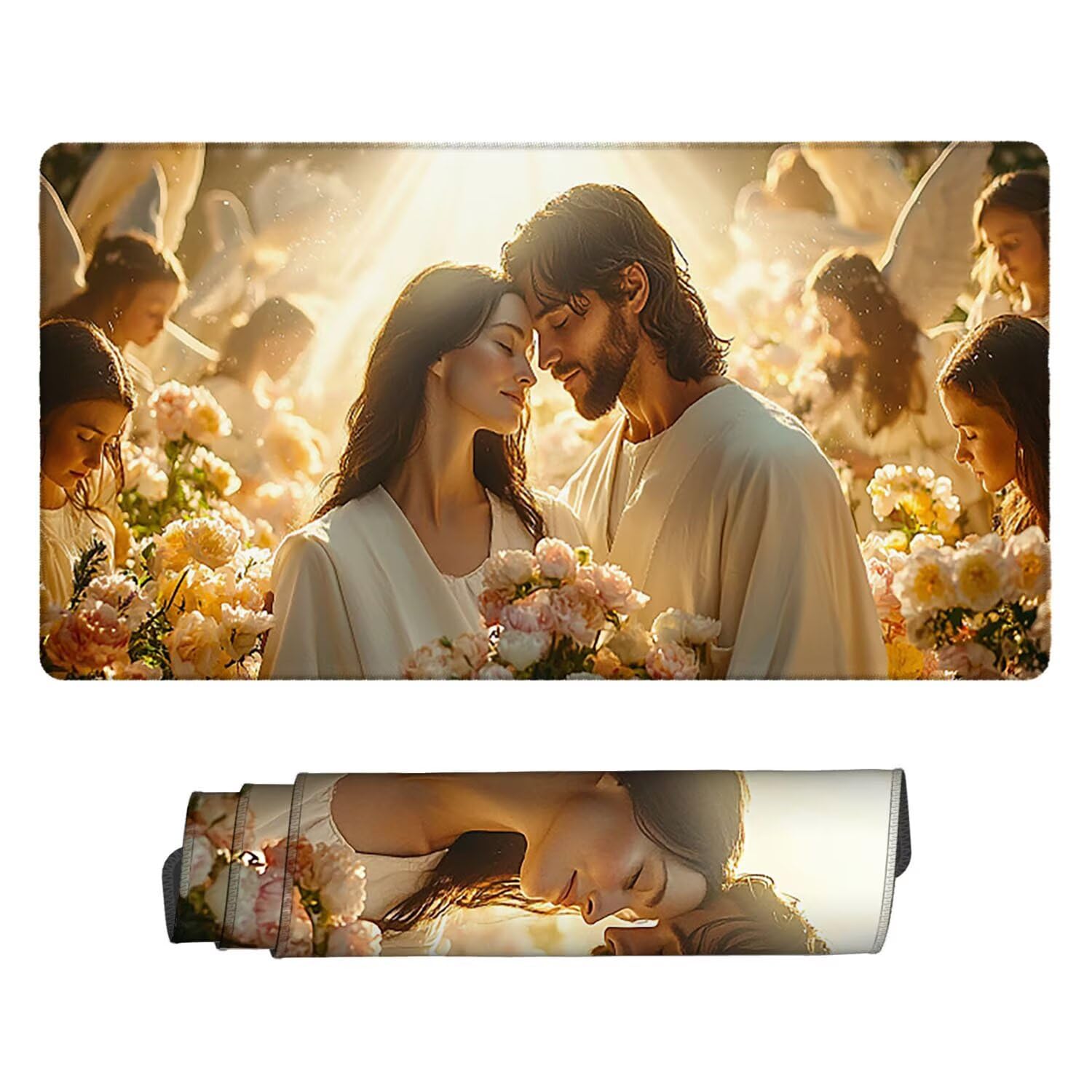Gamingowa podkładka pod mysz, 1200 x 600 mm, XXL, przedłużona, duża podkładka pod mysz, szyte krawędzie, antypoślizgowa gumowa podstawa, ochrona biurka, do domowego biura (para Jezusów) Z940