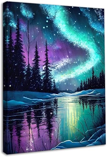 Dazzlewall Aurora Landschaft Wandkunst, Nordlichter Wald-See Spiegelung Natur Wa