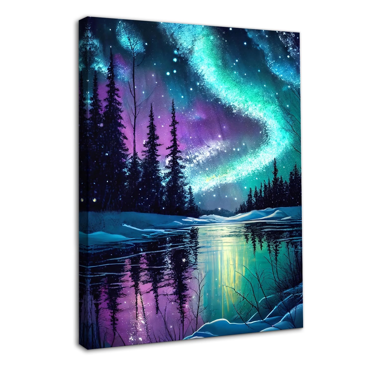 – Dazzlewall Framed Aurora Landscape Wall Art,Northern Lights Forest Lake Reflection Nature Canvas Prints for Bedroom Living Room Decor 12x16 in