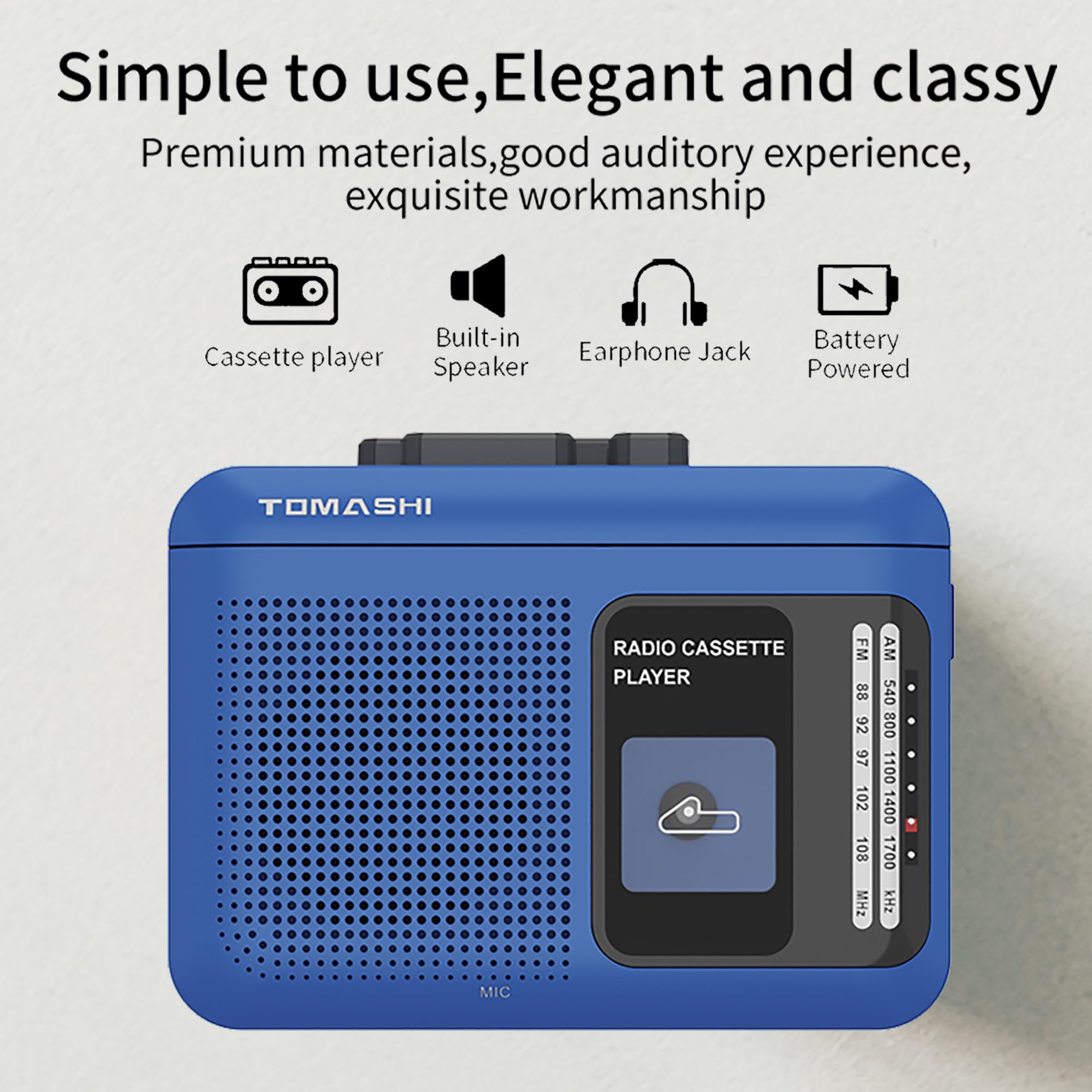 TOMASHI Portable AM/FM Radio Cassette Player - Tape-to-USB Recording, 200mW Speaker, Battery or USB Powered, 3.5mm Jack, Compact Retro Design (Blue, 4.7×3.4in)