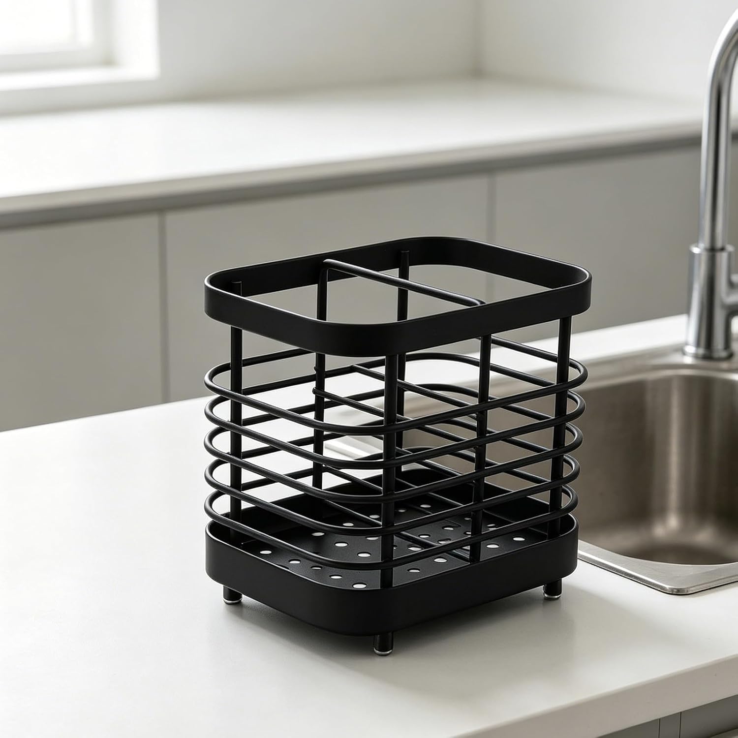 Stainless Steel Chopsticks Stand with 2 Divided Compartments, Fast Drainage Utensil Drying Rack Basket for Kitchen, Lightweight and Sleek Design for Family Dinners and Picnics