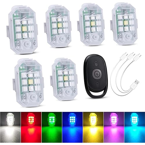 LECART 6 Pcs Motorcycle Lights with Remote Wireless Led Anti-Collision Light 7 Colors USB Rechargeable High Brightness Aircraft Strobe Drone Lights