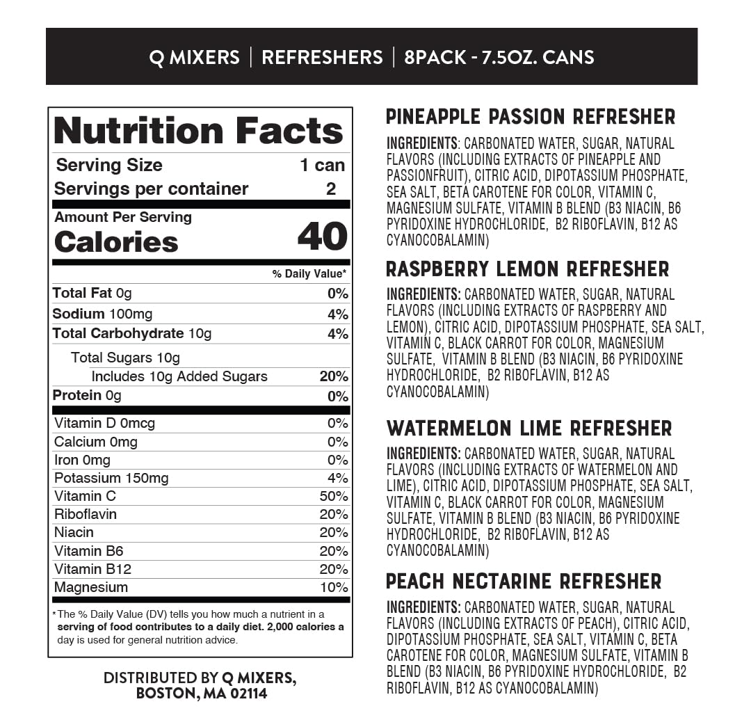 Q MIXERS Refreshers Sparkling Hydration Beverage Variety Pack (8PK) – 2 of Each Flavor: Pineapple Passion, Watermelon Lime, Raspberry Lemon & Peach Nectarine – Electrolytes + Vitamins, Mocktail & Cocktail Mixer - 7.5oz per Can