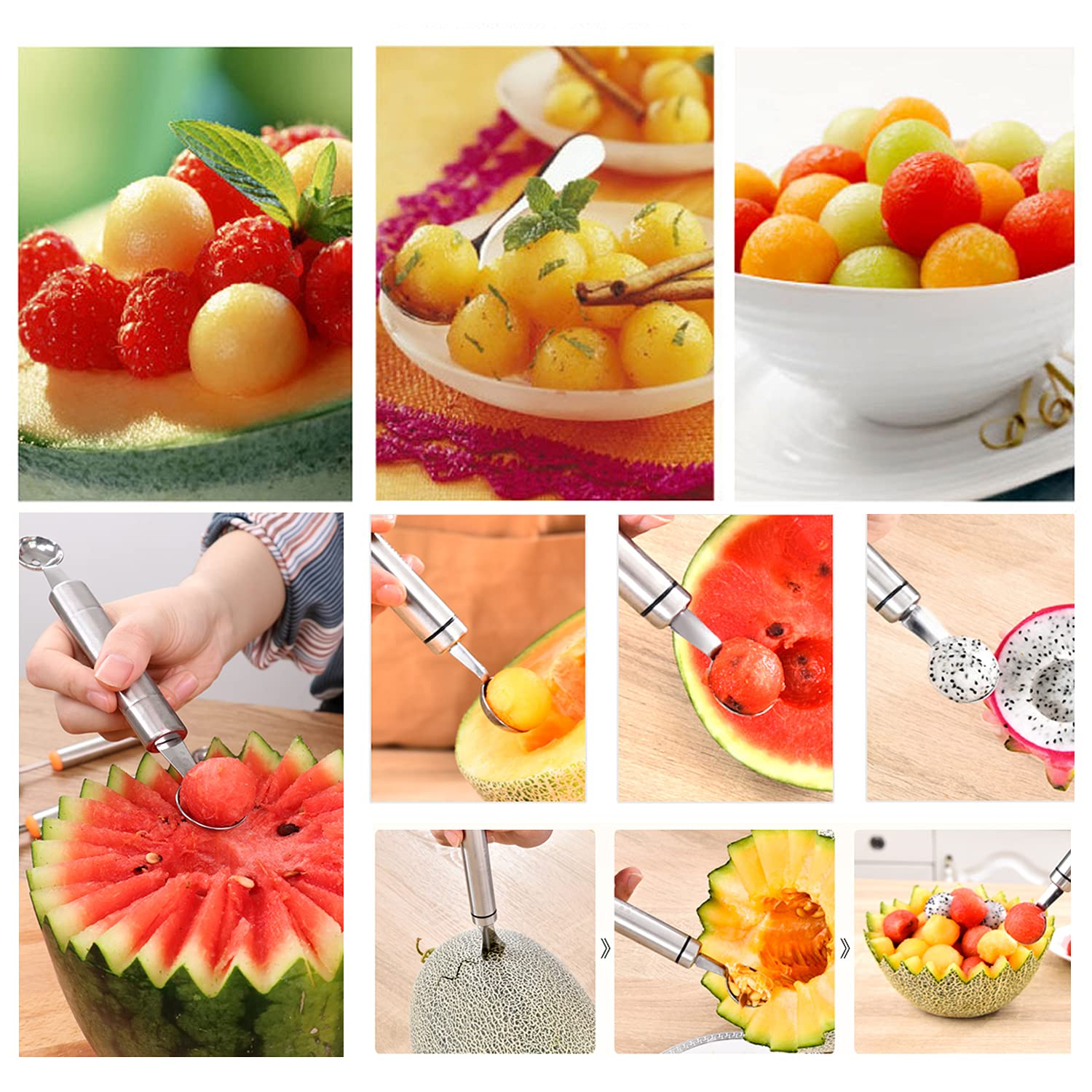 Honbay 2PCS Stainless Steel Double-Headed Melon Baller Scoop Fruit Carving Knife Dual-Purpose Cooking Spoon Kitchen Tools for Watermelon Cantaloupe Ice Cream Sorbet Dessert - Image 6
