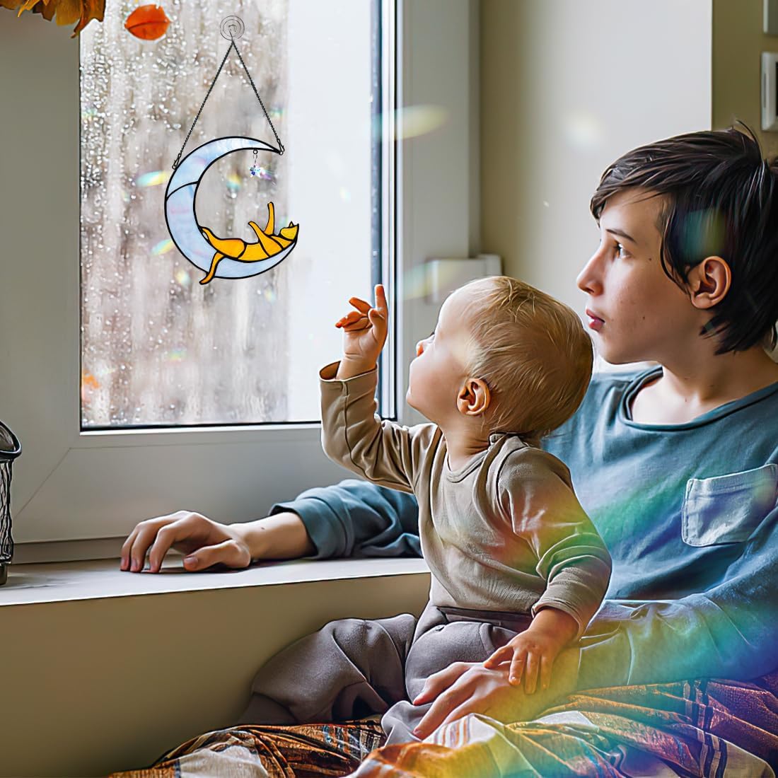 Orange Cat on Moon Stained Glass Suncatchers Star Crystal Decor,Rainbow Stained Glass Window Hangings,Funny Cat Lover Themed Gifts for Women Mom - Image 7