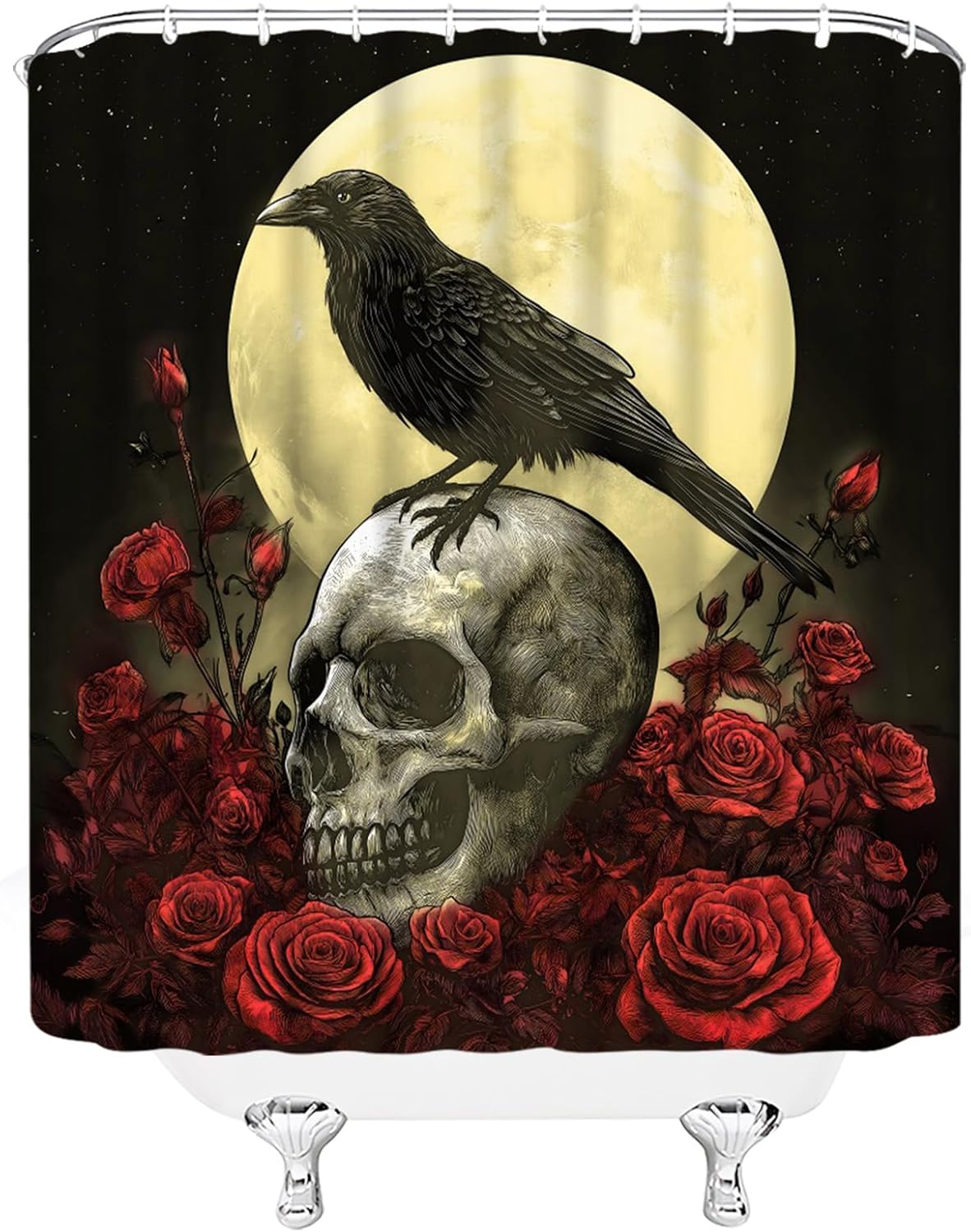 Halloween Shower Curtain Black Crow Creepy Full Moon Night Rose Floral Mysterious Gothic Horror 70" Wx78 H Fabric Decorative Bathroom Curtains with Hooks