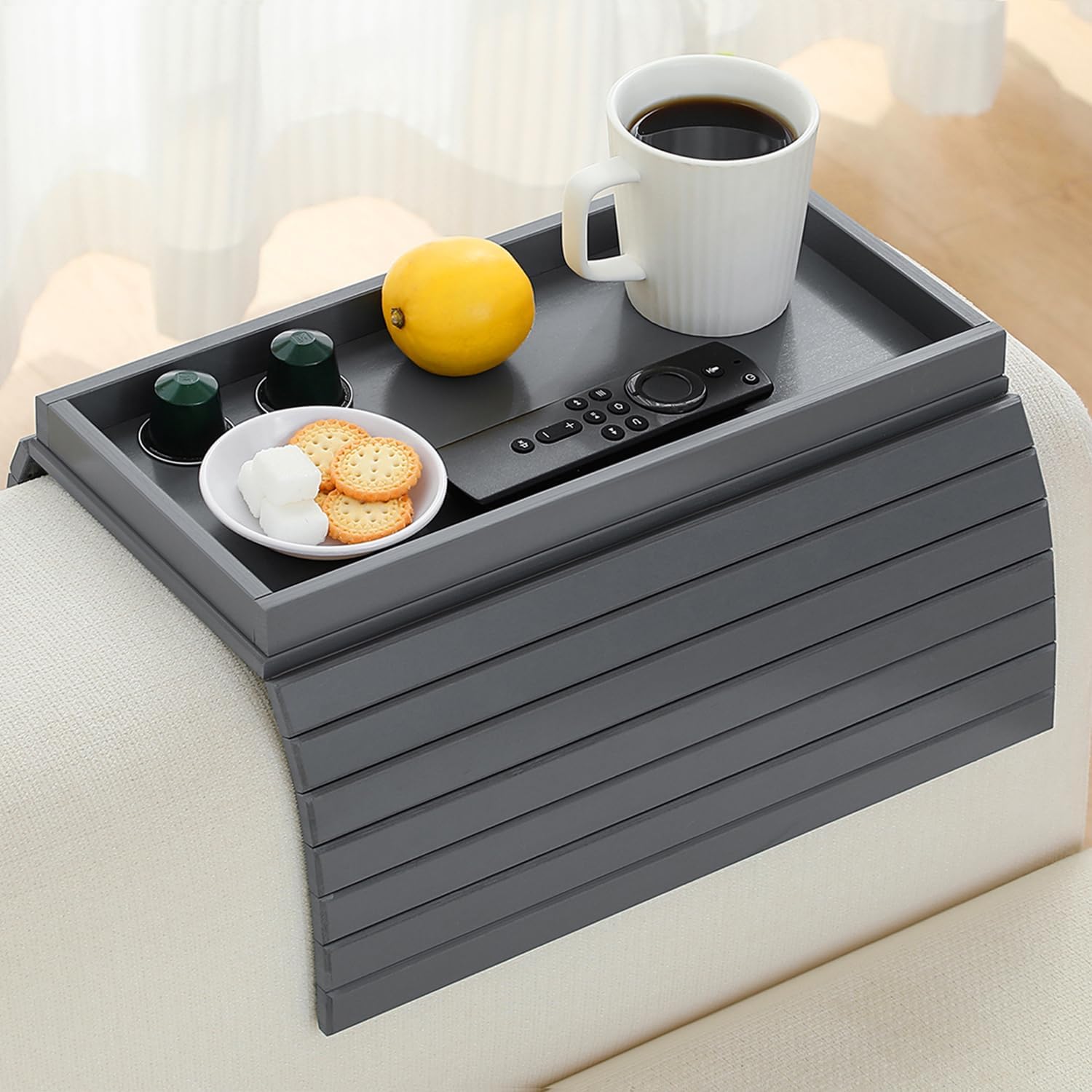 Bamboo Couch Arm Tray Table，Foldable Sofa Armrest Tray Table for Couch，Flexible and Anti-Slip Couch Arm Cup Holder，Portable Sofa Arm Chair Table for Drink,Cups, Eats，Snacks, Phone, Remote (Gray)