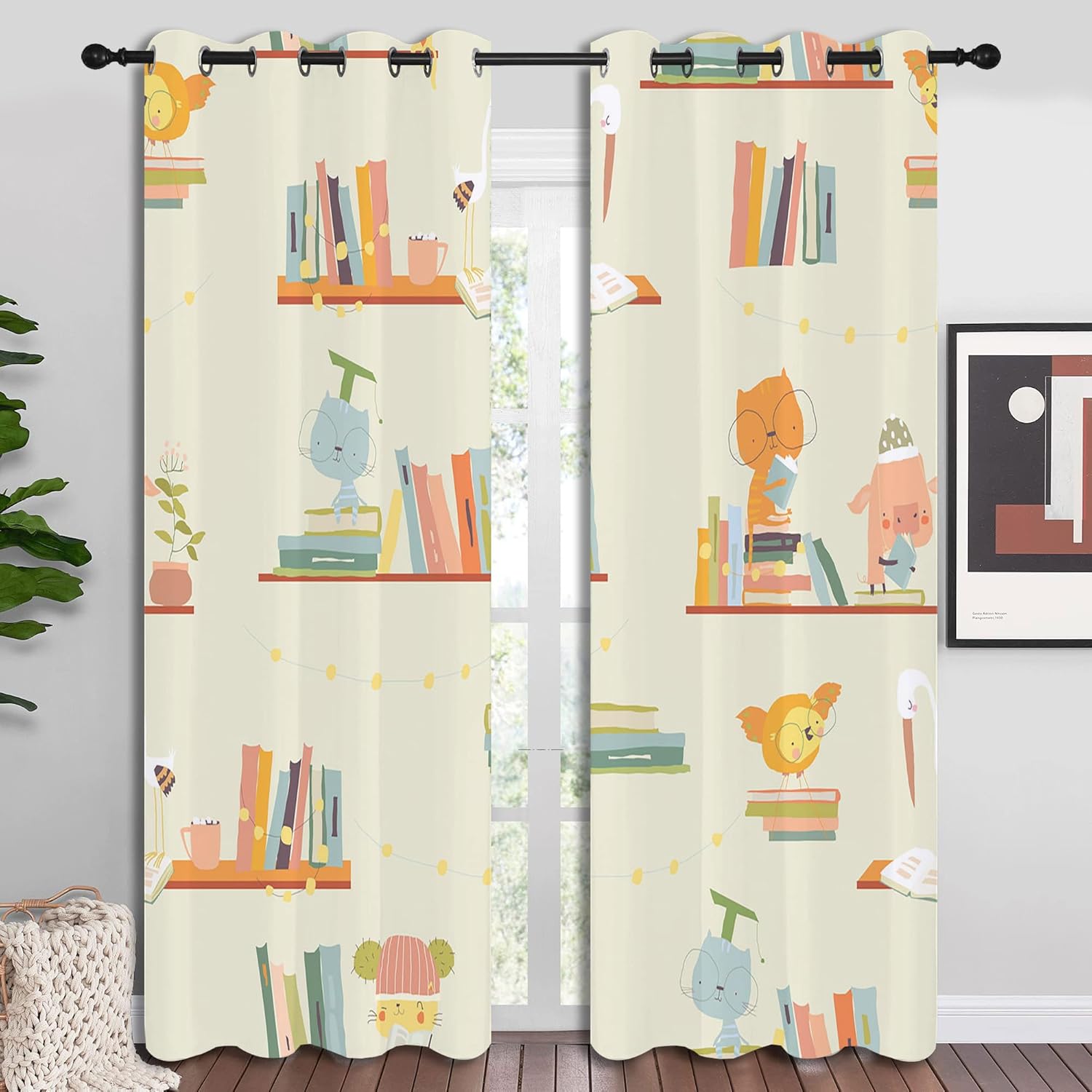 Bookshelf Grommet Blackout Curtains for Boy Girl Bedroom, Nerd Book Lovers Cute Cartoon Animals Thermal Insulated Home Window Drapes for Living Room Darkening, 84x72 inch