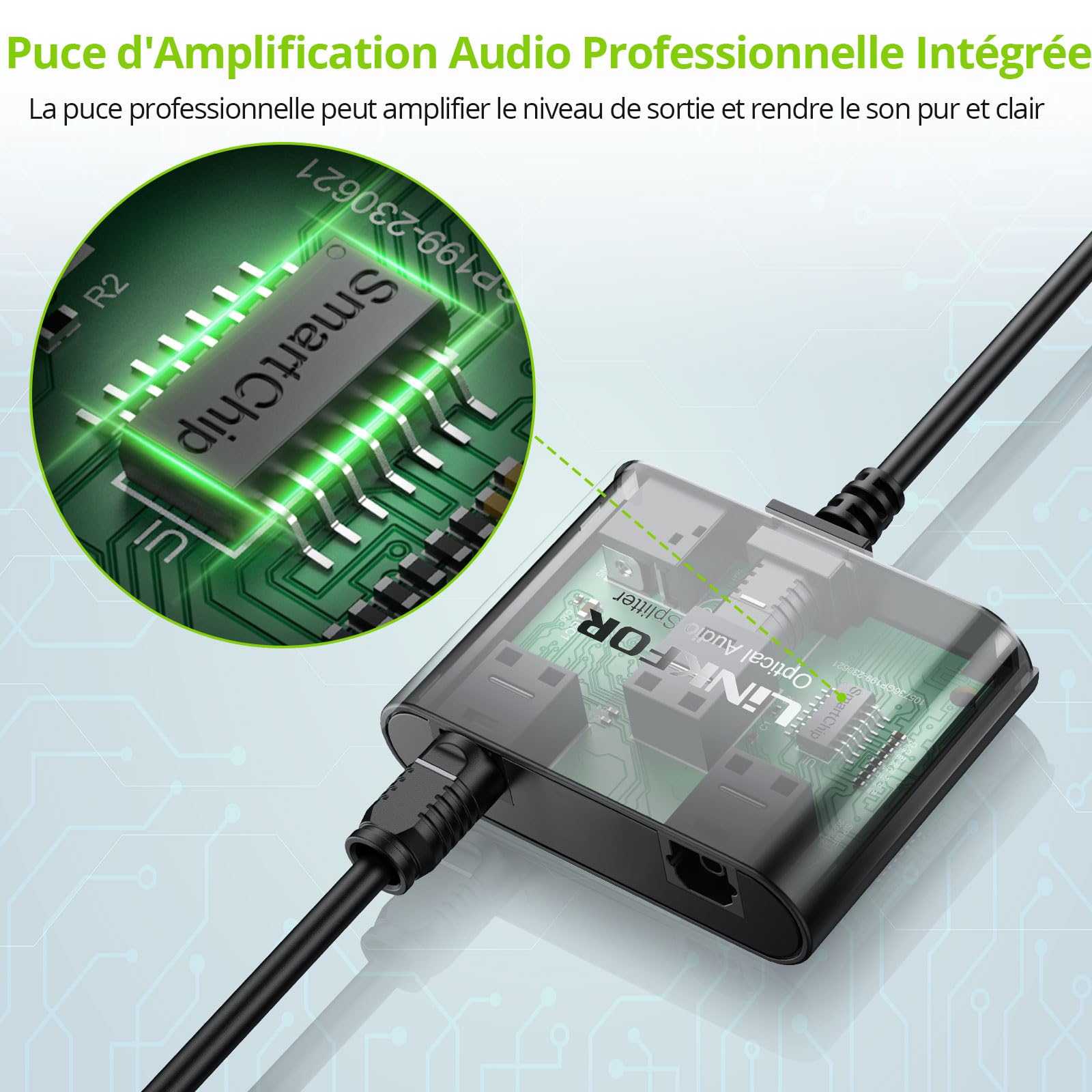 LiNKFOR Répartiteur Optique Toslink 1 Entrée 2 Sorties Câble Intégré 1m Actif avec Alimentation USB Chipset Stable Support LPCM/DTS/Dolby Digital Transmission 40m Pour Barre de Son et Casque Sans Fil