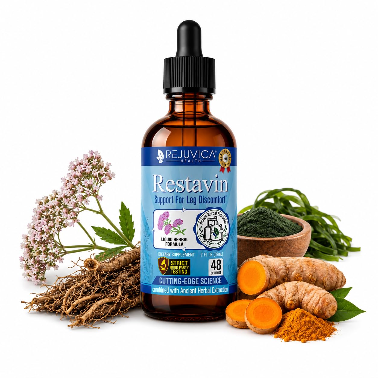 Rejuvica Health Restavin - Suplemento Fitoterápico Líquido com Vitamina C, Ácido Fólico, Ferro, Magnésio, Valeriana, Cúrcuma e Spirulina - 60 mL