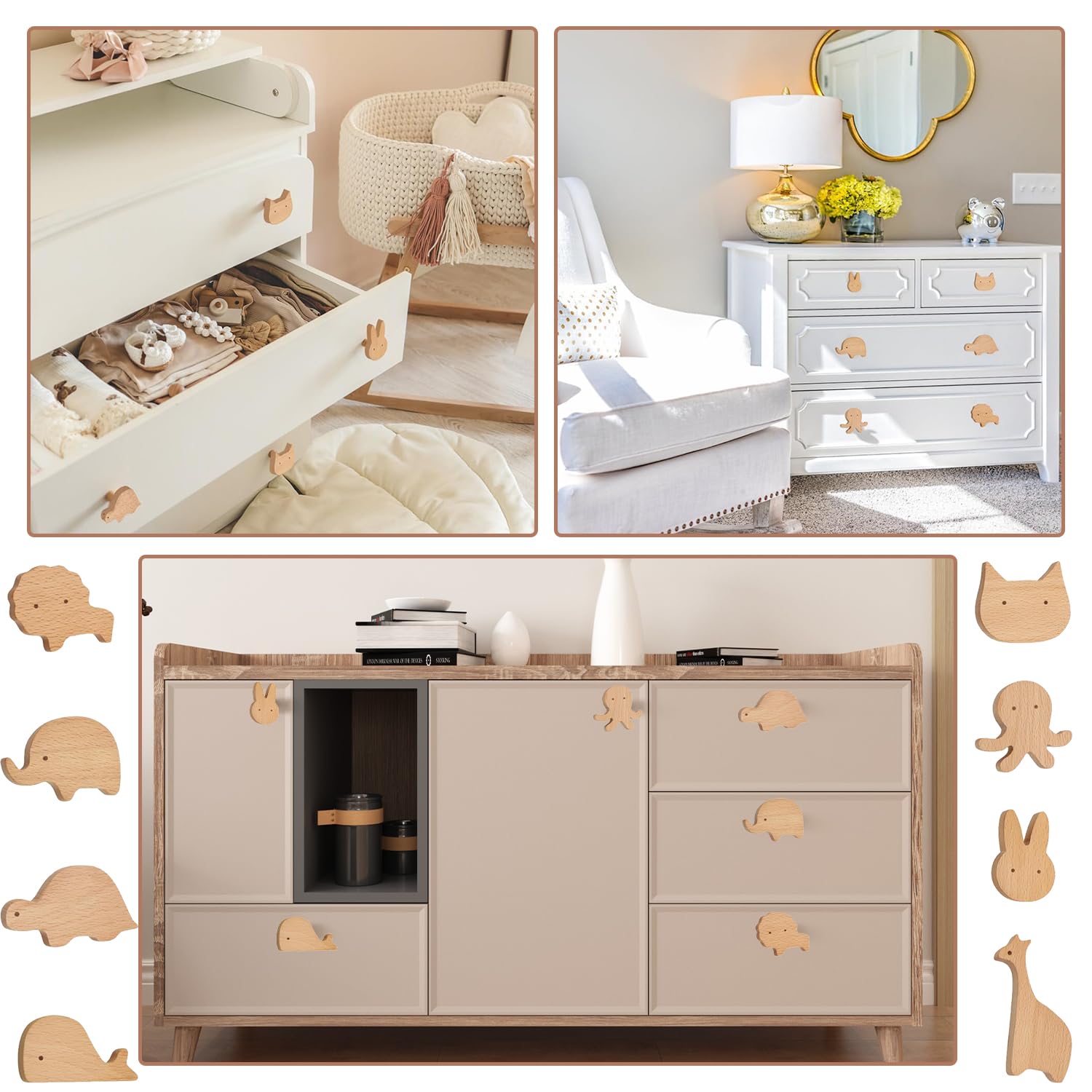 Boutons en bois pour armoire, Lot de 8 Poignées de Meuble en Bois Animals, Poignées animales pour meubles d'enfant, Boutons de meubles en bois, Bouton Meuble Enfant, Convient pour maison cuisine