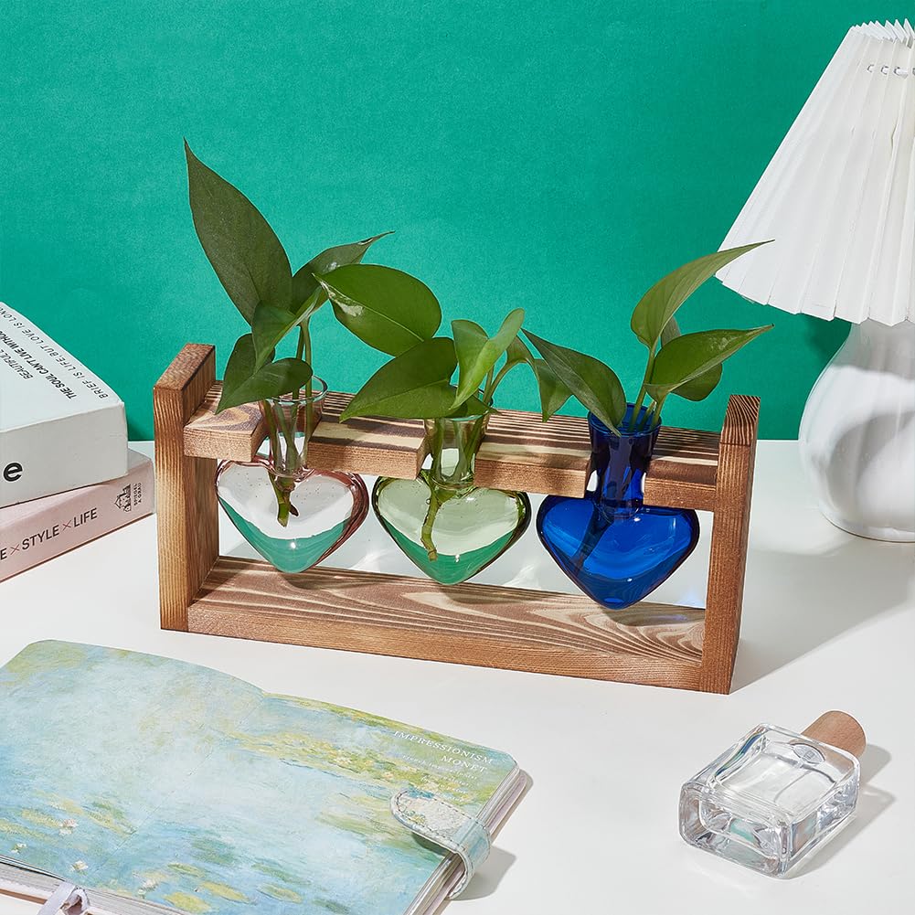 UNICRAFTALE Stations De Propagation De Plantes Terrarium avec Support en Bois Bulbe d'air Vase en Verre en Coeur pour Hydroponique Décoration De Maison Jardin Bureau Cadeaux Jardinage Unique 28x7.7cm