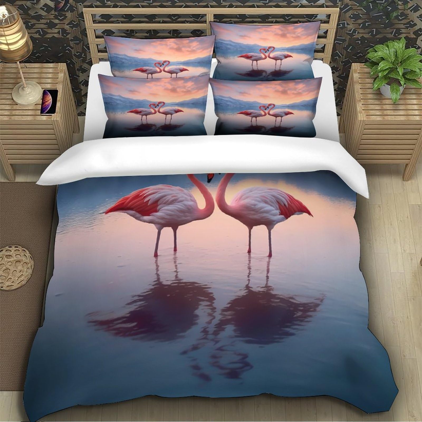 Flamingo-Pärchen 3D-Druck 3er-Set Bettbezug Romantische Naturszene Bettdeckenbezug Mikrofaser Atmungsaktiv Reißverschluss für Jungen Männer Frauen King（220x240cm）