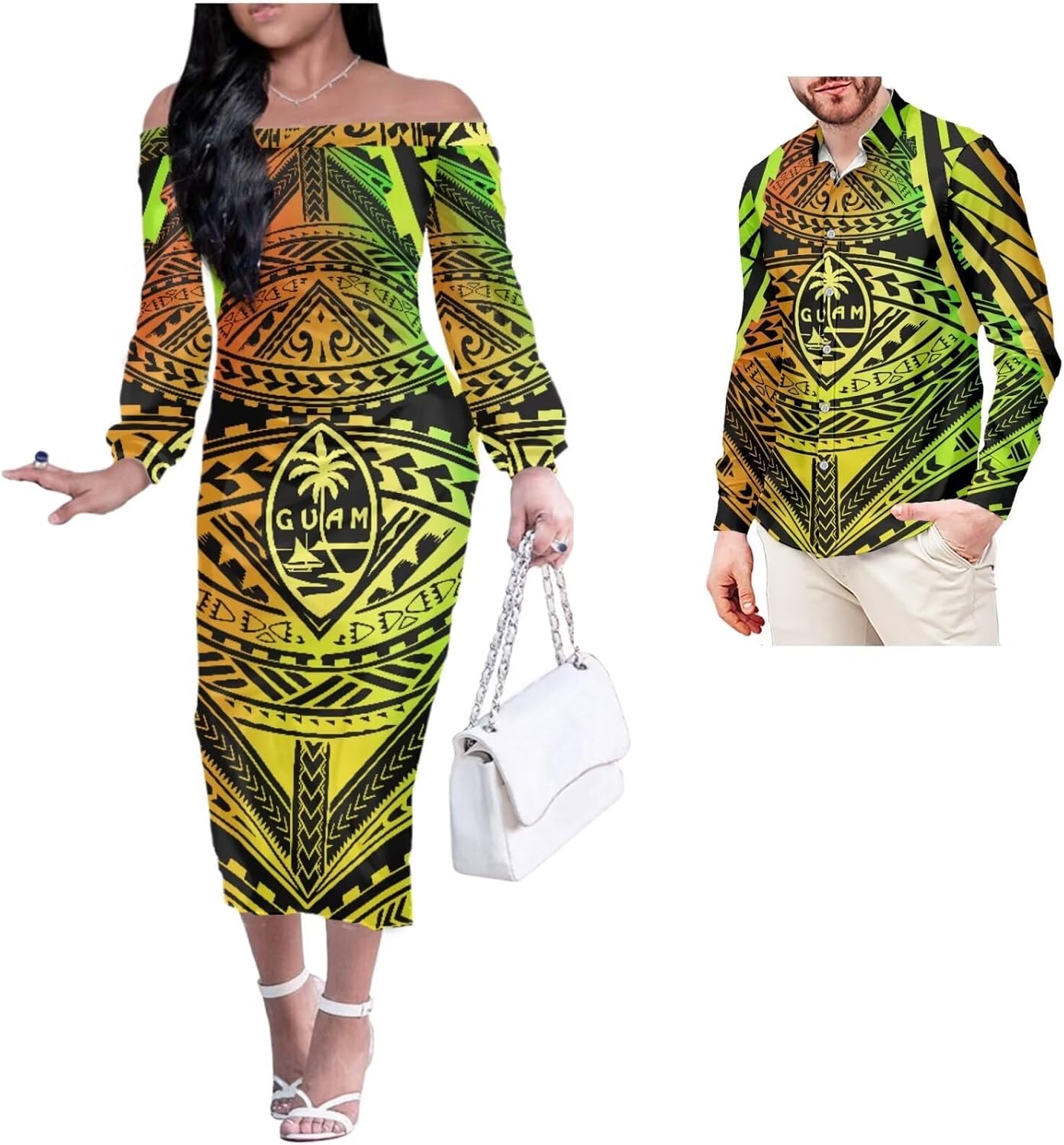 Tribal Polynesian American Samoa Print Off Shoulder Dress Match Men Shirts Party Club Couple Set 2Pcs Outfits