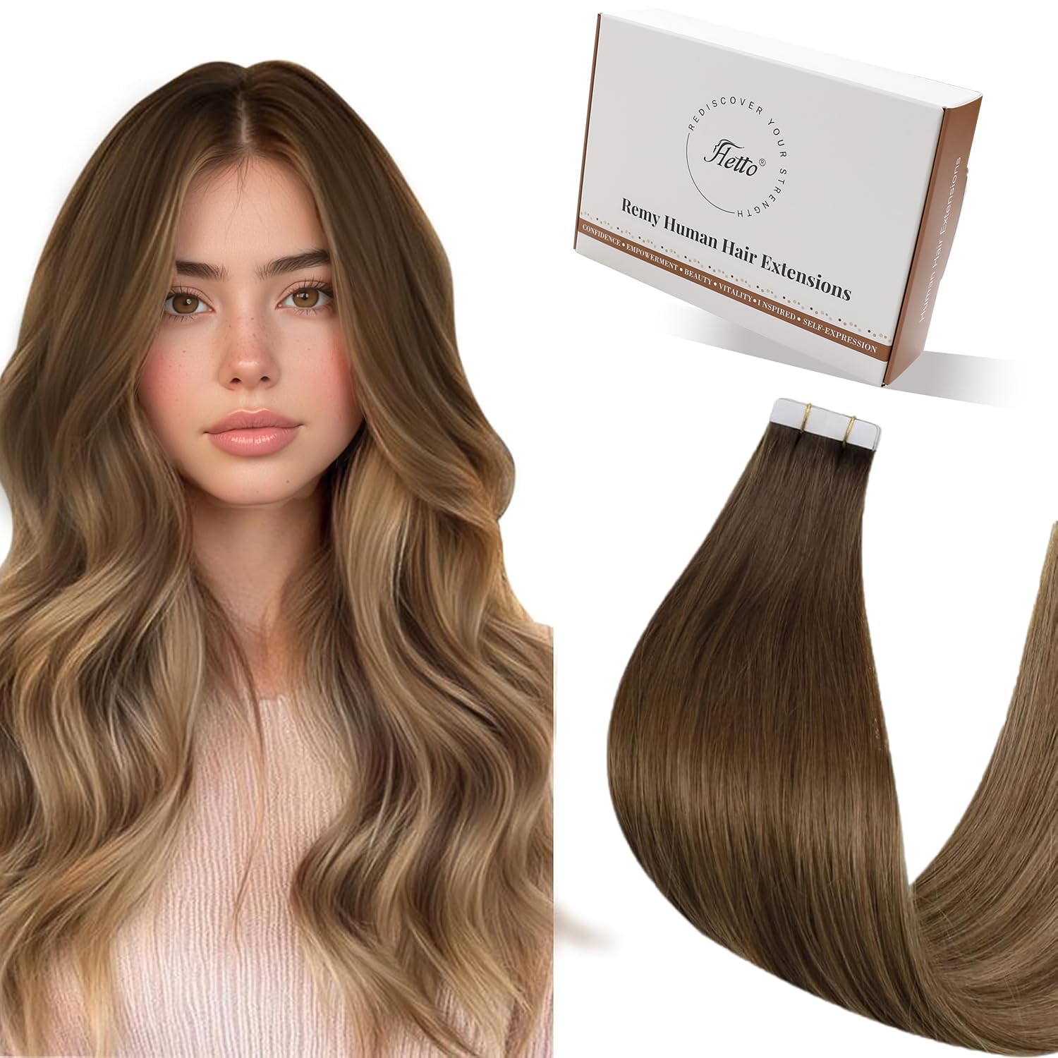 Hetto Human Hair Extensions Tape in Balayage Brown Ombre to Light Brown with Blonde Tape in Hair Extensions Human Hair Invisible Double Sided 16 Inch