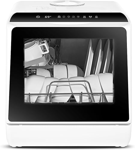 EUHOMY Lavavajillas para encimera con tanque de agua incorporado de 4.9 L y manguera de entrada, mini lavavajillas portátil con 5 programas para